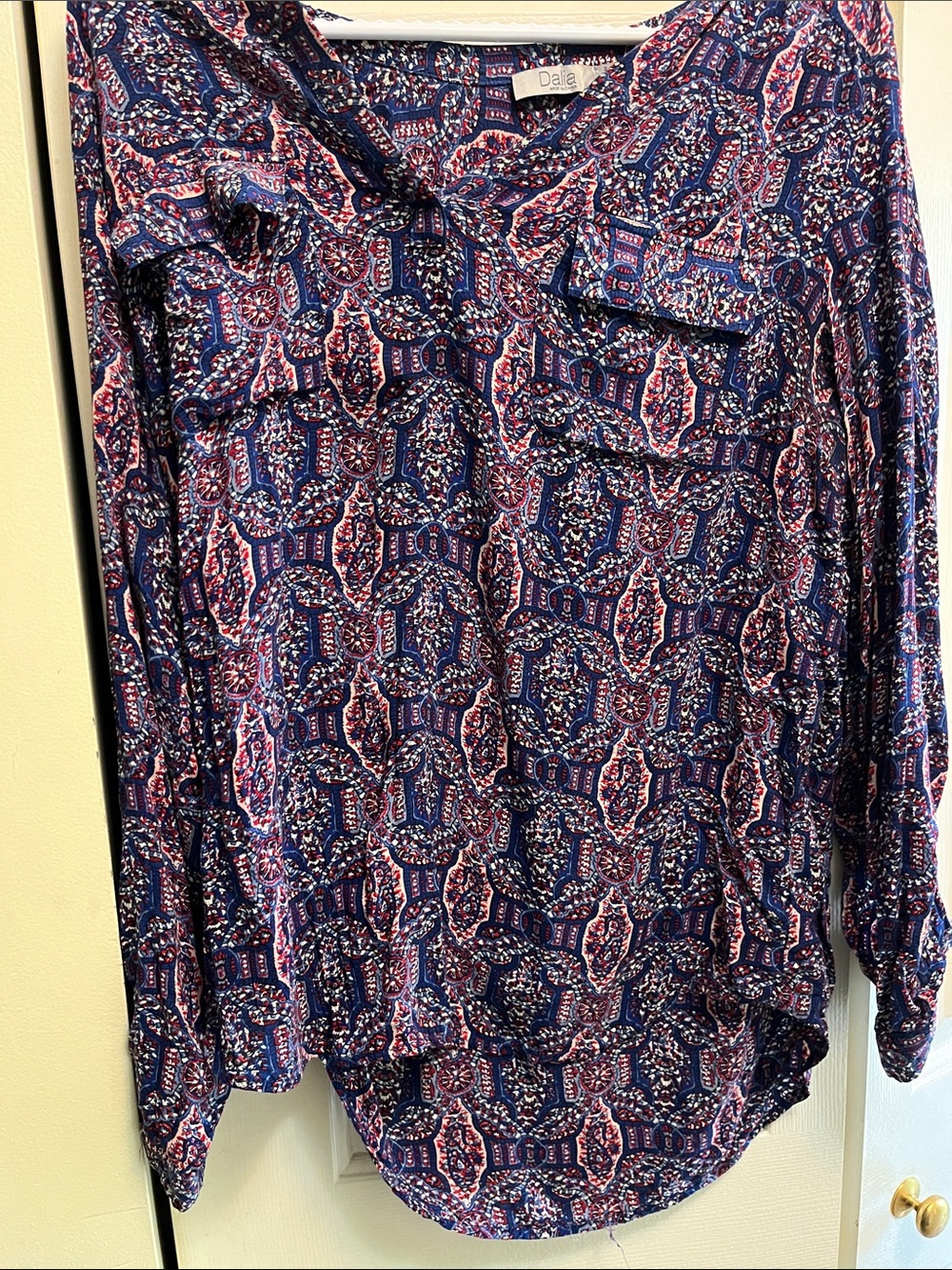 Dalia Navy Pink Patterned Button-Down Blouse